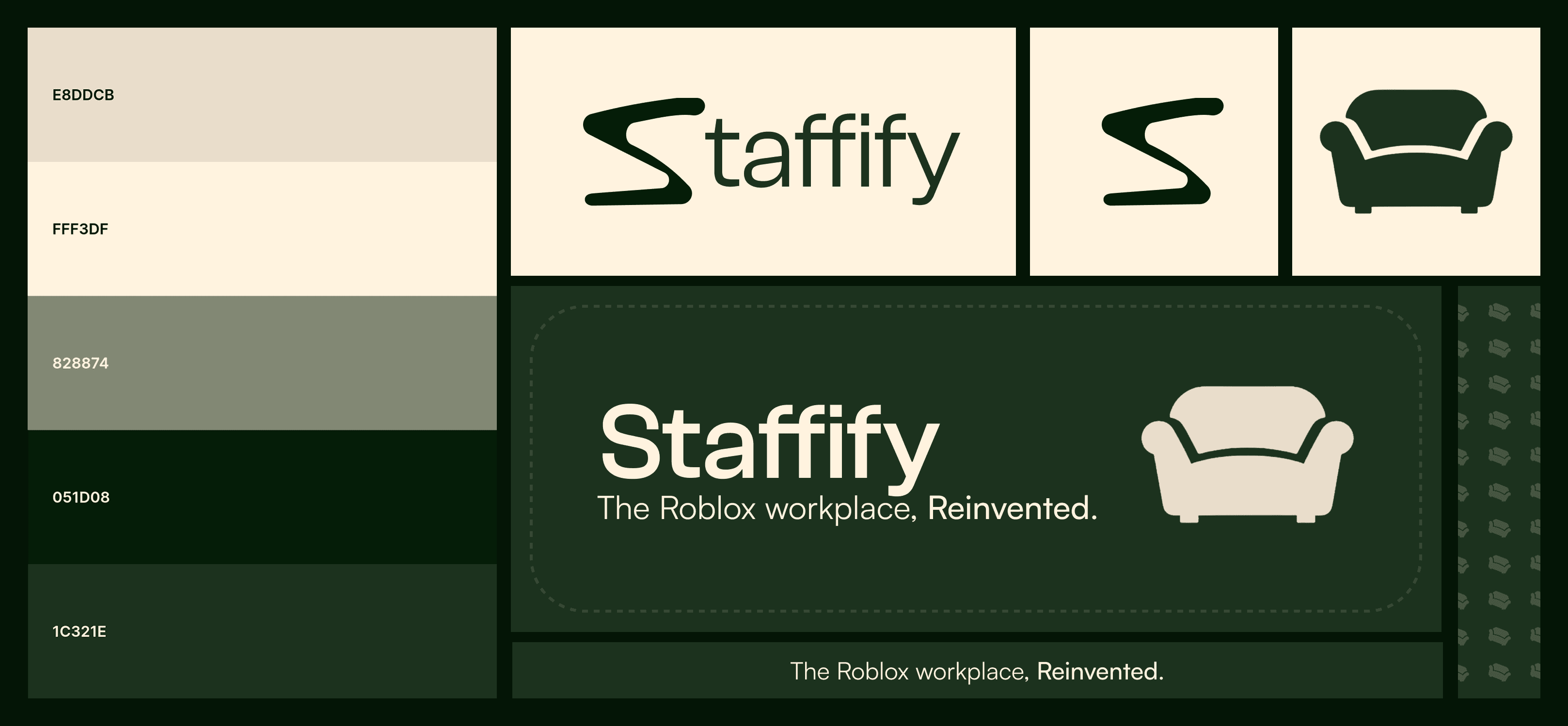 Staffify brand identity board by alexx: color swatches, wordmark, S mark, sofa icon, and a hero panel reading Staffify, the Roblox workplace, reinvented