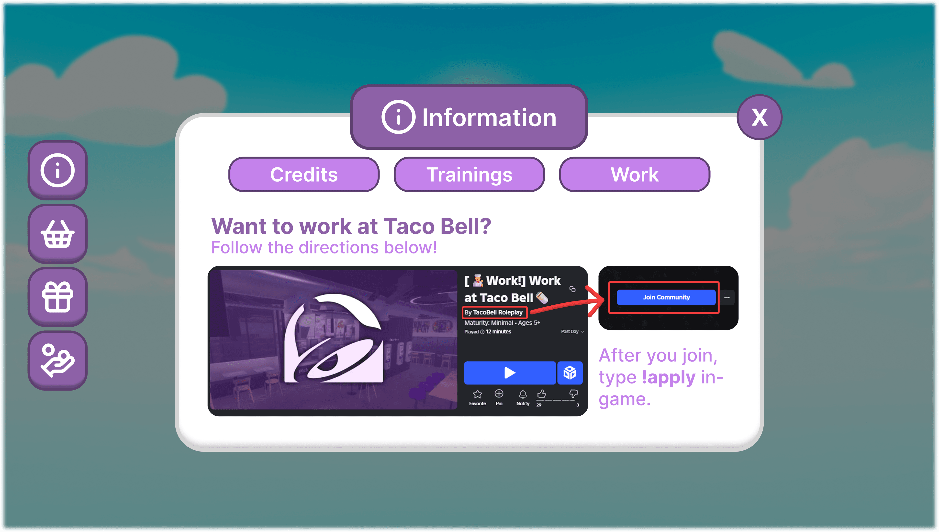 Information panel UI by alexx: a white card titled Information with Credits, Trainings, and Work tabs and join instructions for a roleplay game