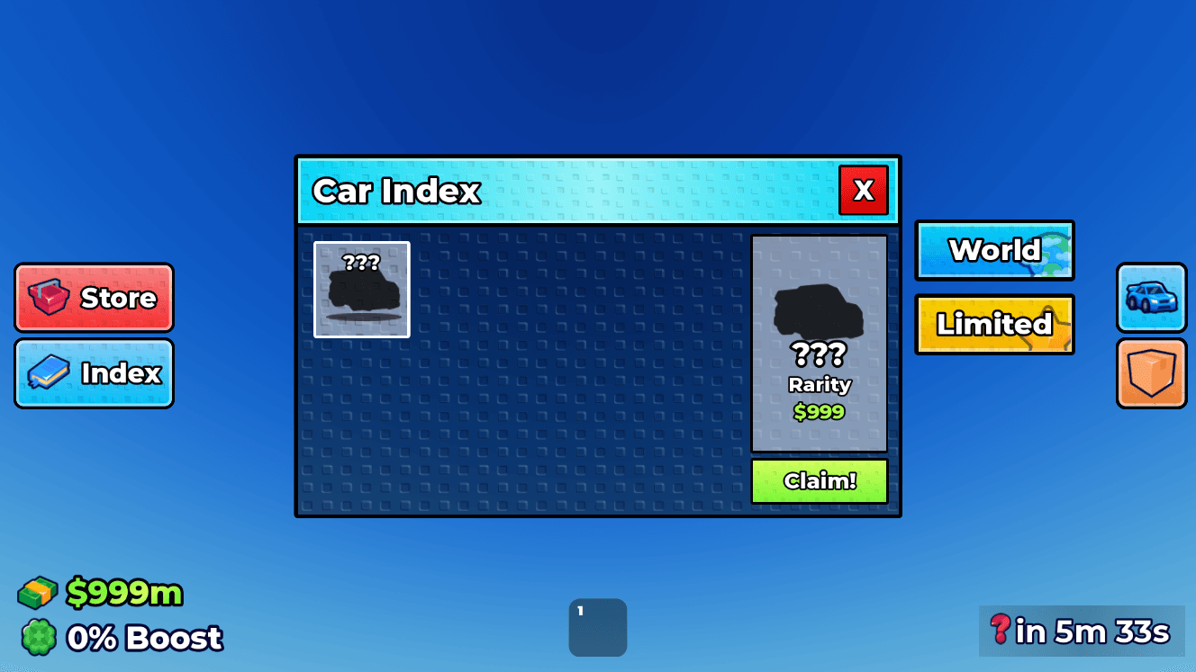 Car Index collection UI by alexx: a blue panel with Store and Index buttons, World and Limited tabs, locked car silhouettes, a rarity and price readout, and a Claim button